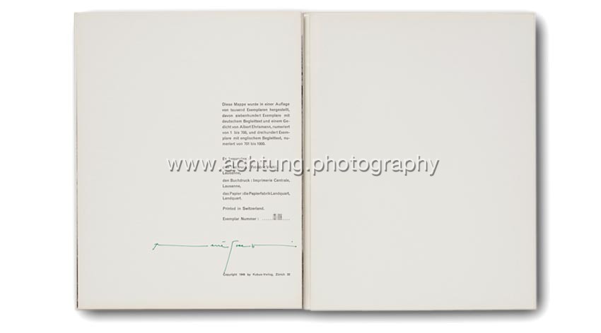 René Groebli, Magie der Schiene, 1949, credits page with edition number and René Groebli's signature